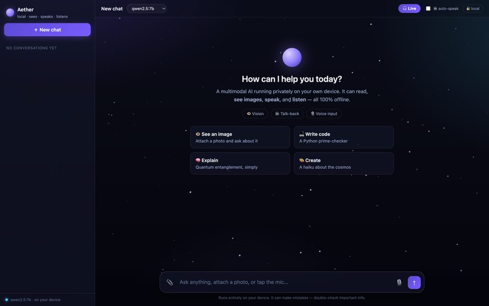 The Aether chat welcome screen
