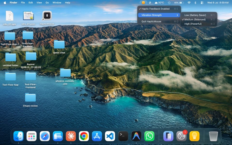 The HapticMouse menu open in the menu bar