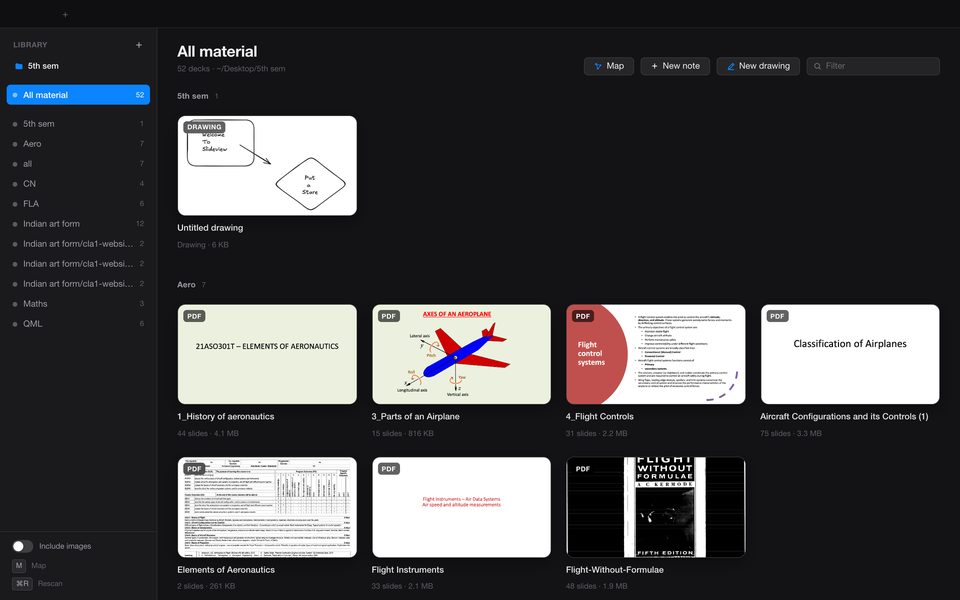 The SlideView library showing lecture decks grouped by subject